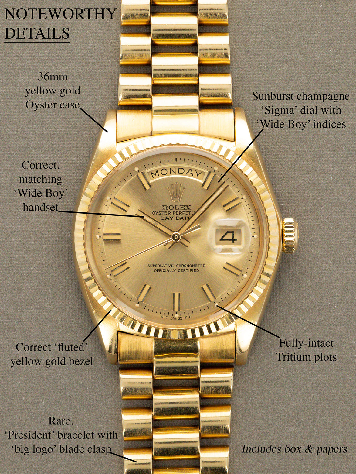 Rolex Day-Date Ref. 1803 - Sunburst Champagne 'Wide Boy-Sigma' Dial Unpolished W/ Box & Papers