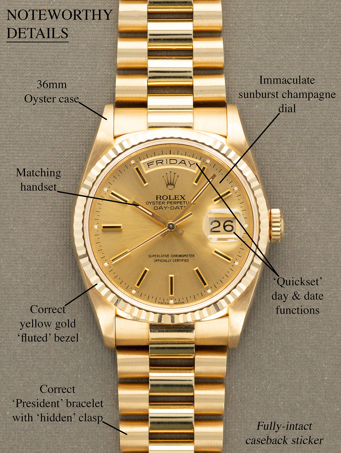 Rolex Day-Date Ref. 18238 - Sunburst Champagne Dial 'Texas Timex' W/ Caseback Sticker