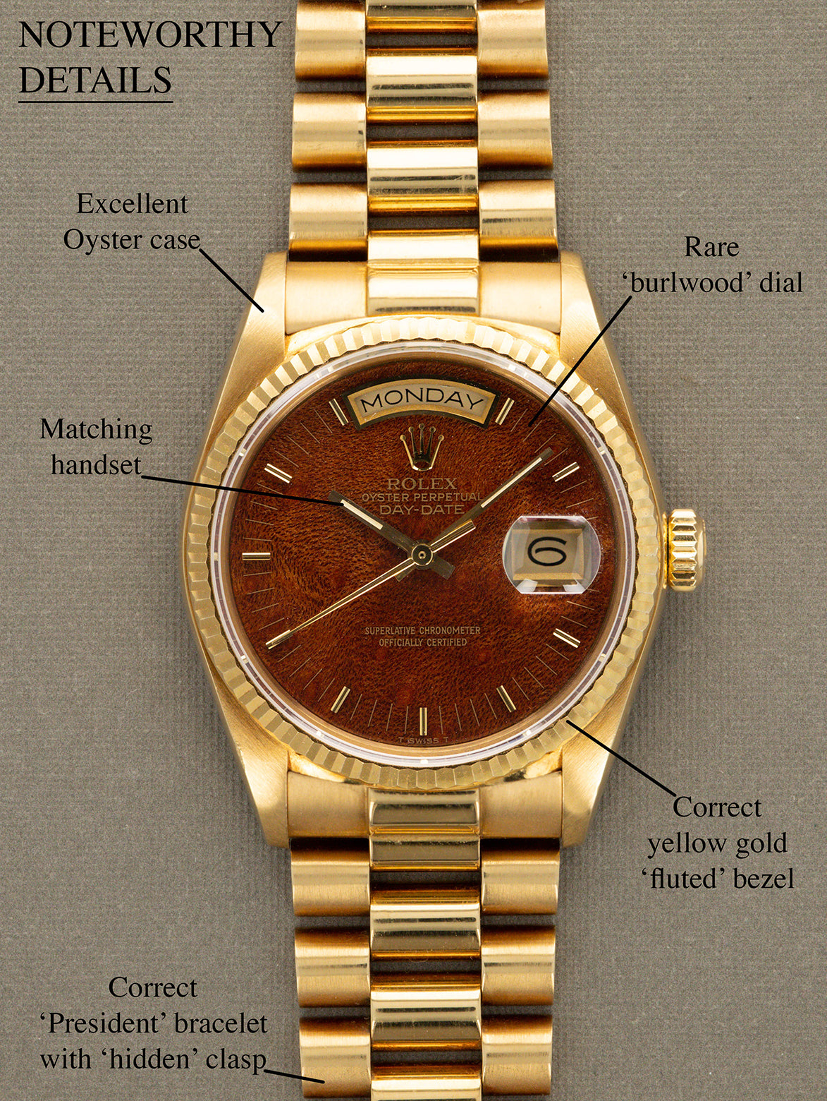 ROLEX DAY-DATE アフターマーケット文字盤28.6mm Rolex Day-Date Ref. 18038 - 'Burlwood' Dial