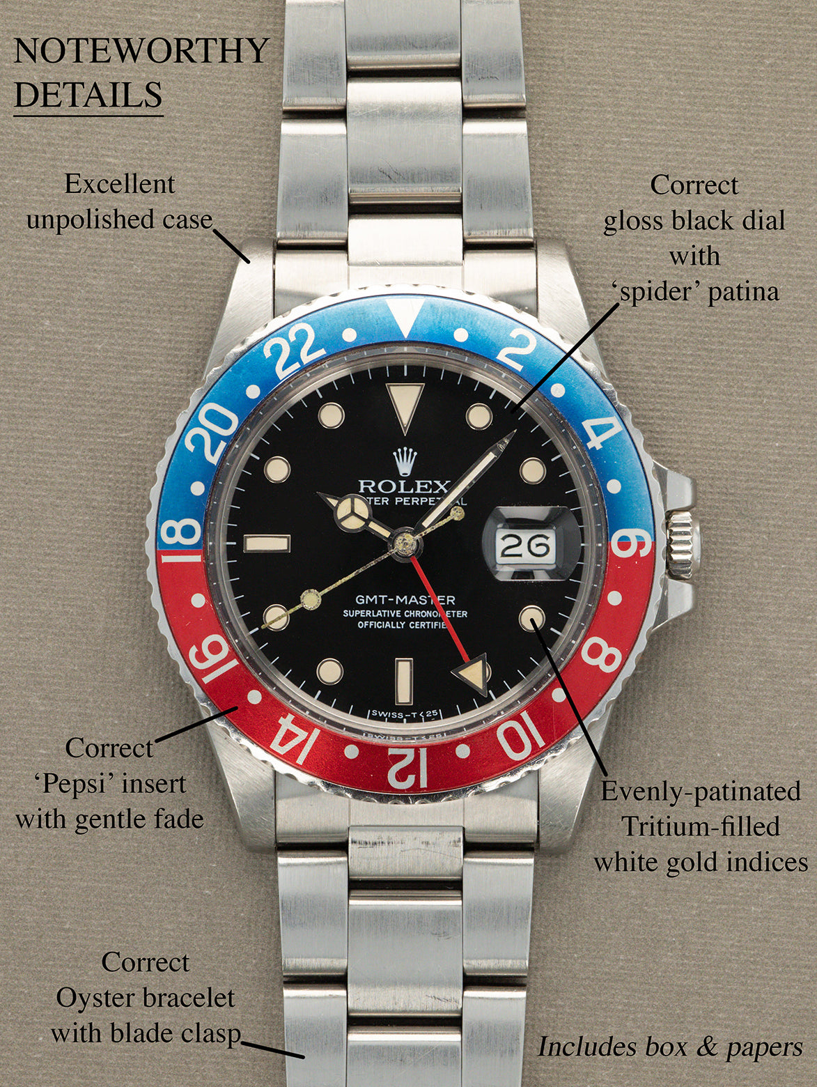 Rolex GMT-Master Ref. 16750 'Pepsi' - Gloss 'Spider' Dial Unpolished w/ Box & Papers