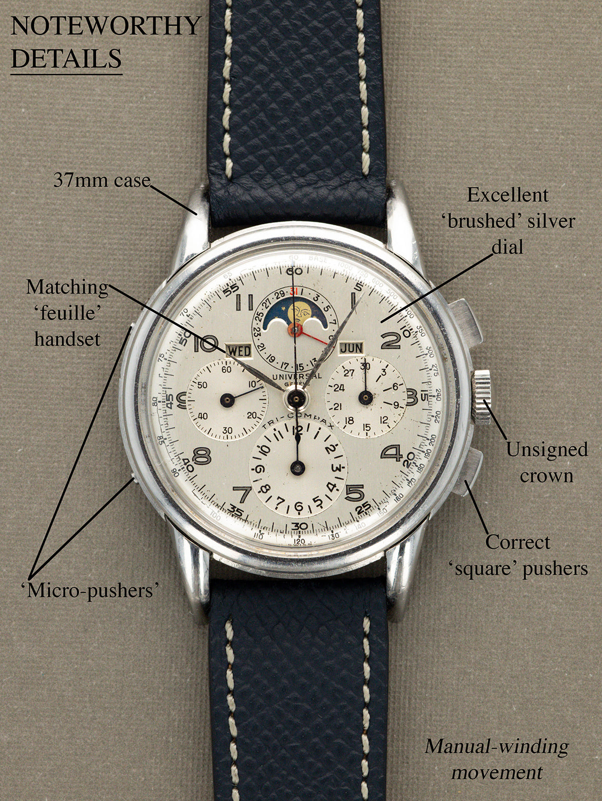 Universal Genève Tri-Compax Ref. 22283 - 'Brushed' silver Non-Luminous Dial Unpolished